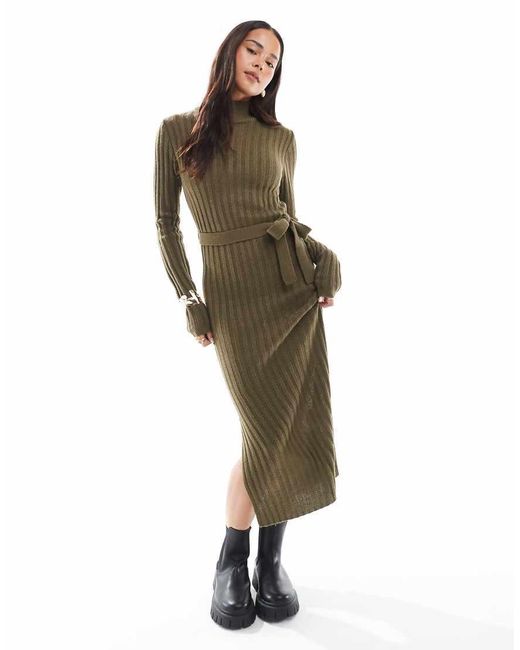 Brave Soul Green Knit Ribbed Turtleneck Midi Dress With Tie Belt