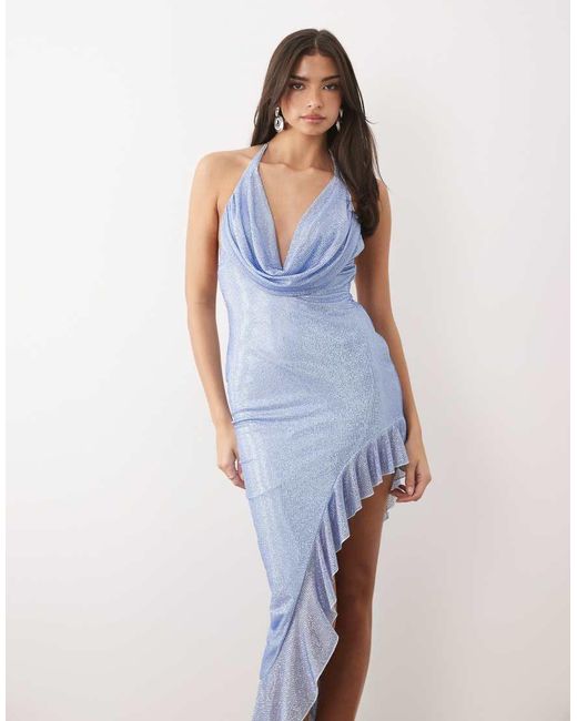 Oh Polly Blue Premium Embellished Plunge Cowl Neck Asymmetric Hem Midi Dress