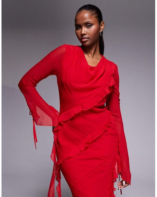 DASKA Red Chiffon High Cowl Neck Ruffle Detail Maxi Dress