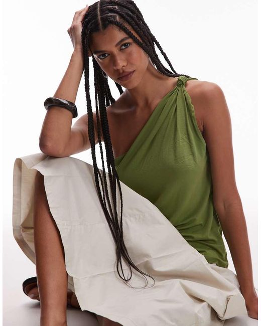 TOPSHOP Green Knot Detail One Shoulder Top