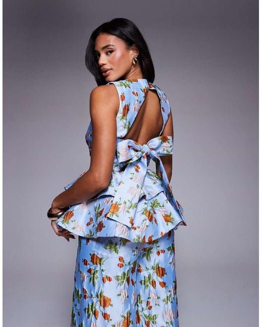 ASOS Blue Co-ord Jacquard Peplum Top With Bow Back