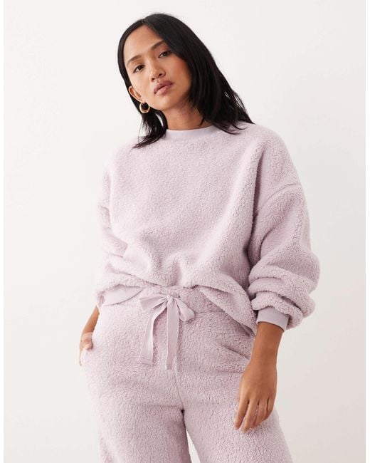 ASOS Pink Asos Design Petite Lounge Cuddle Crew Neck Sweat & Wide Leg Trouser Set
