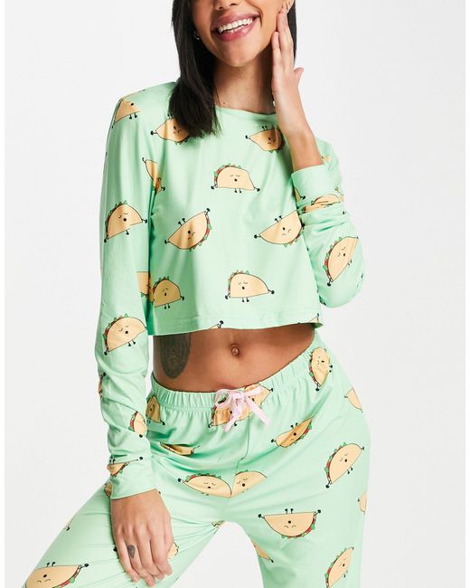 Loungeable Green Taco Crop Top And legging Pyjama Set