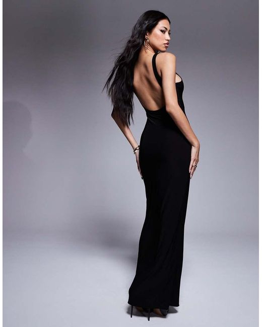 Fashionkilla Black Double Layered Slinky High Neck Low Back Maxi Dress