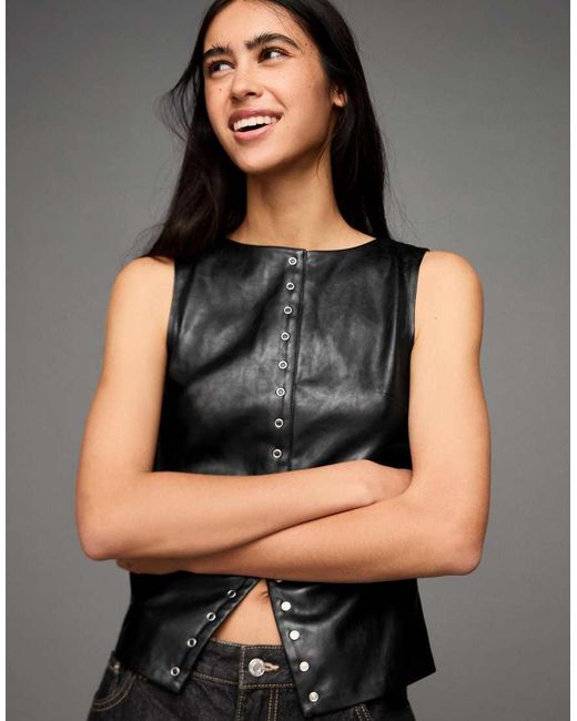 Bershka Black Leather Effect Studded Top
