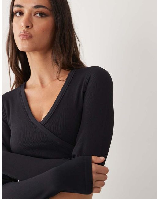 4505 Black Seamless Baby Rib Wrap Front Long Sleeve Top
