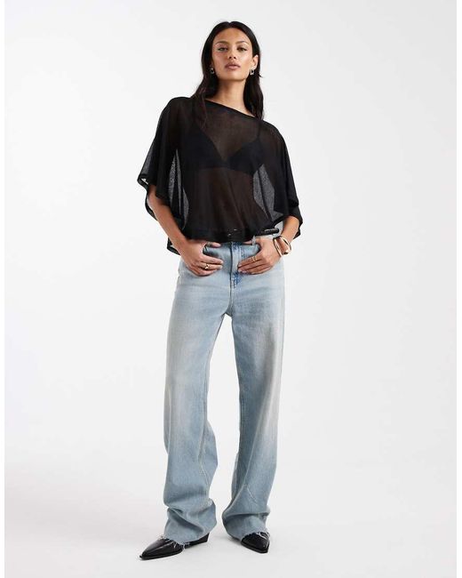 ASOS Black Knit-look Semi Sheer Slash Neck Cape Top