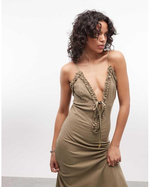 ASOS Natural Deep Plunge Cami Maxi Sundress With Ruffle Trims