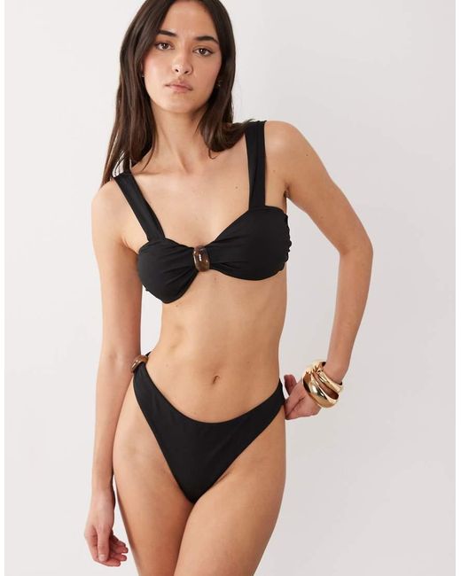 4th & Reckless Black Brown Resin Detail High Leg Brazilian Bikini Bottoms