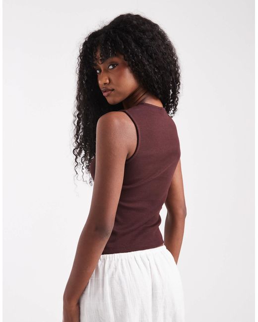 Miss Selfridge Brown Ribbed Button Through Top