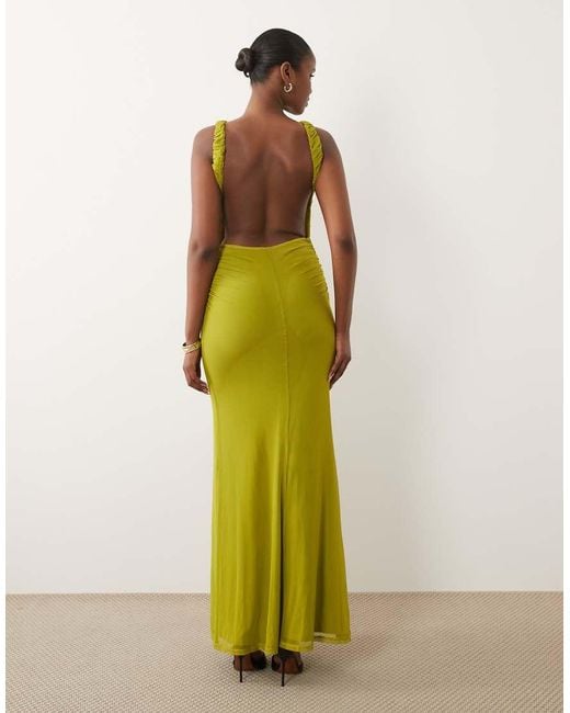 ASOS Green Ruched Mesh Maxi Dress With Floral Applique And Ruched Detail