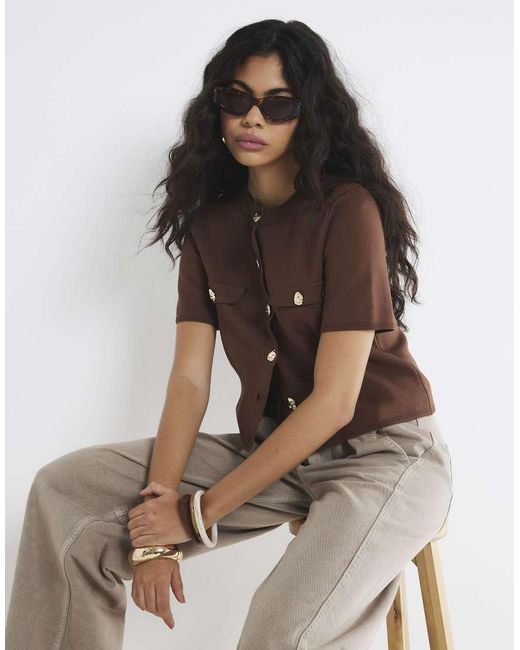 River Island Brown Knit Button Up T-Shirt