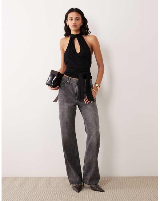 Motel Black Verbina Keyhole Halter Tie Waist Top