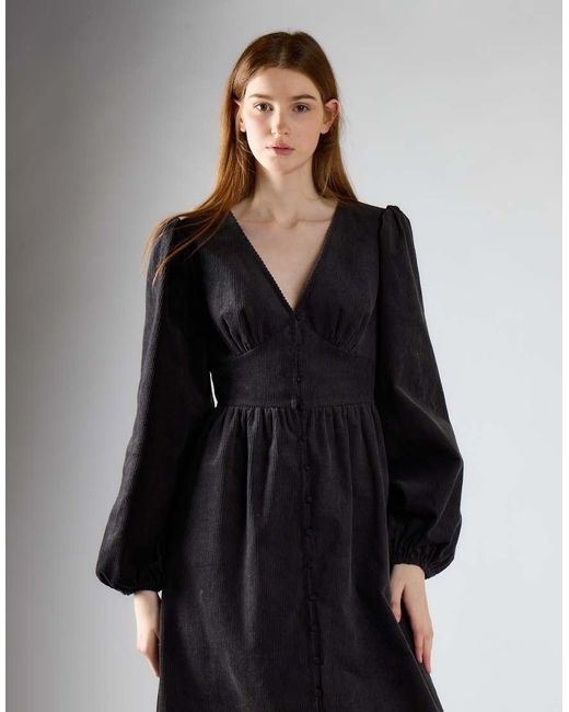 Glamorous Black Corduroy V-Neck Midi Dress