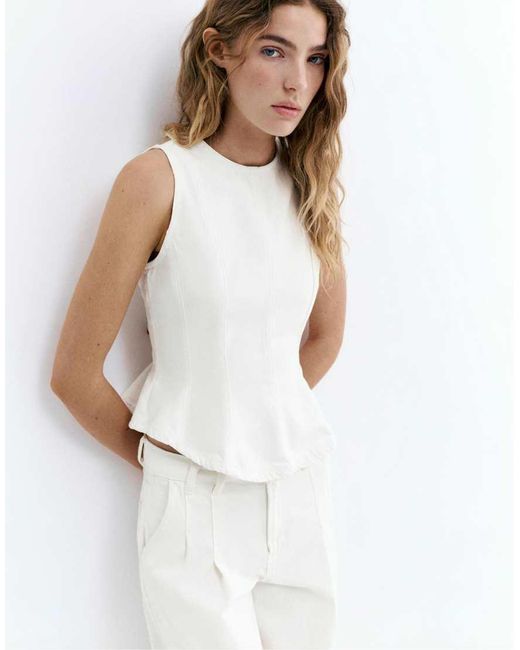 Pull&Bear White Denim Peplum Top