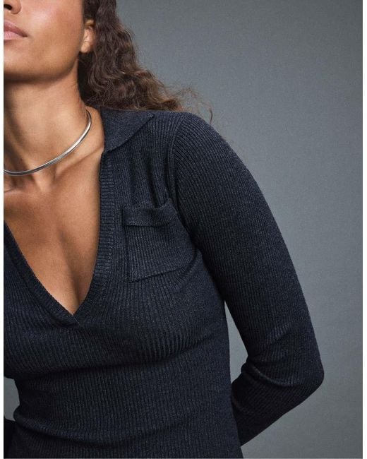 Stradivarius Gray Polo Collar Knit Jumper With Pockets