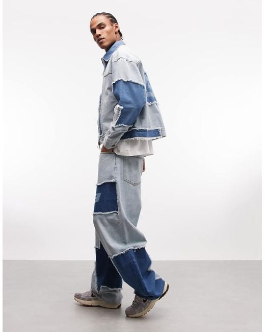 Liquor N Poker Blue Baggy Distressed Cut N Sew Jeans Co-Ord for men