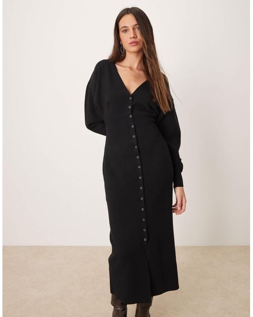 knitted button down dress Gina Tricot Long Sleeve V Neck Midi in Black campaign:western-romance