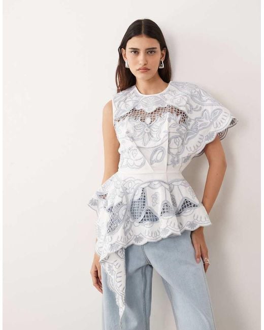 ARRANGE White Cut Work Floral One Shoulder Top