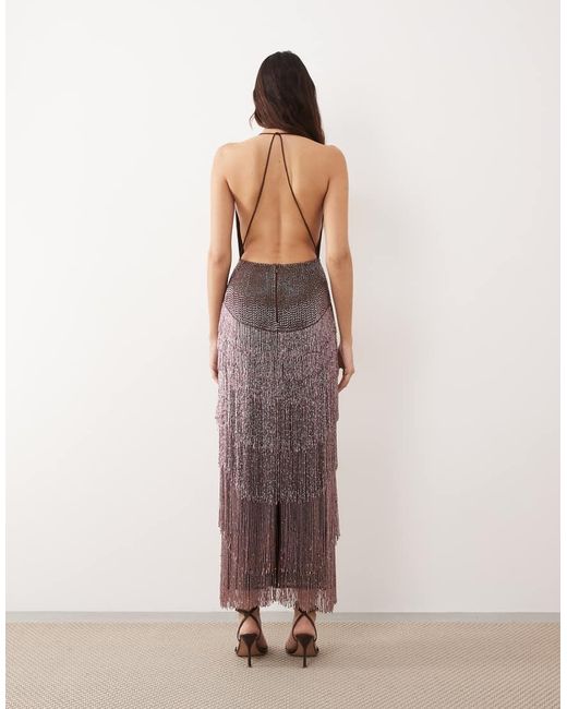 ARRANGE Blue Beaded Fringe Plunge Cowl Maxi Dress