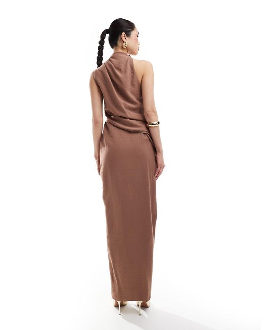 ASOS Multicolor High Neck One Shoulder Drape Maxi Dress With Thigh Split