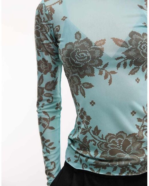 AFRM Blue Kaylee Mesh Crew Neck Long Sleeve Top