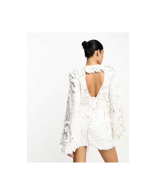 ASOS White All Over Feather Sequin Embellished Long Sleeved Mini Dress
