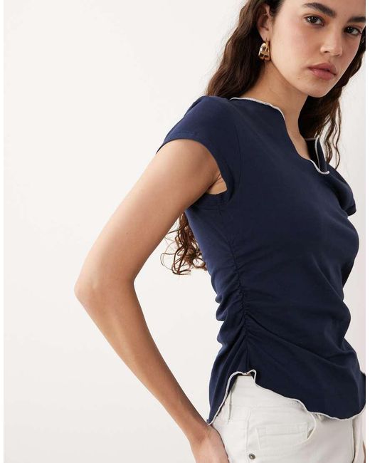 ASOS Blue Cap Sleeve V Neck Top With Contrast Edge