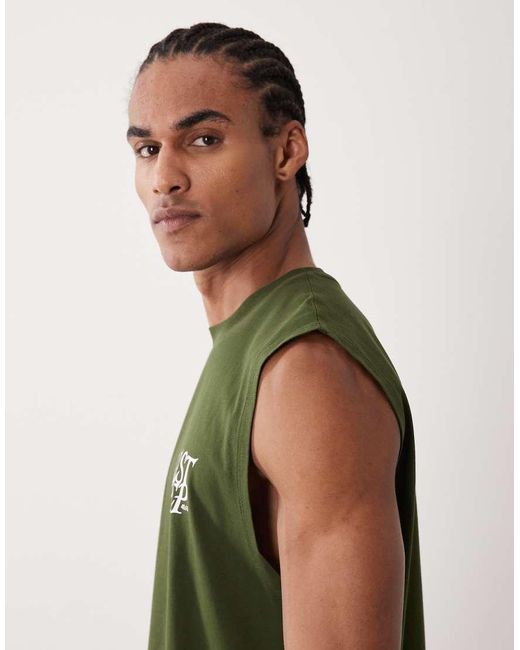 4505 Green Cotton Oversized Pump Training Tank With Chest Print And Quick Dry Finish for men
