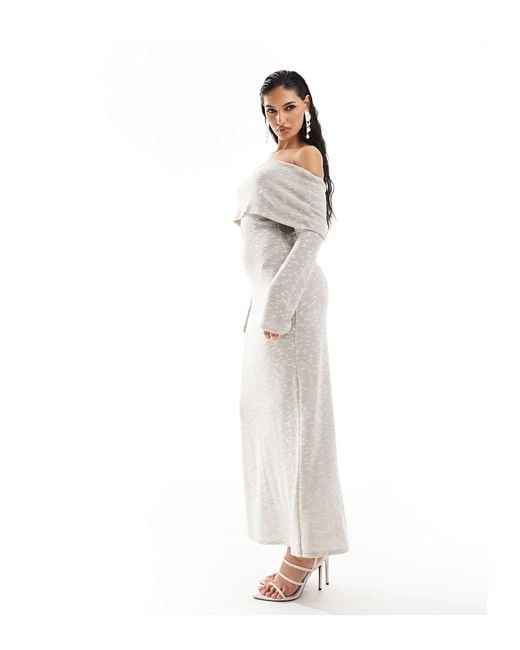 ASOS White Long Sleeve Lightweight Textured Bardot Midi Dress