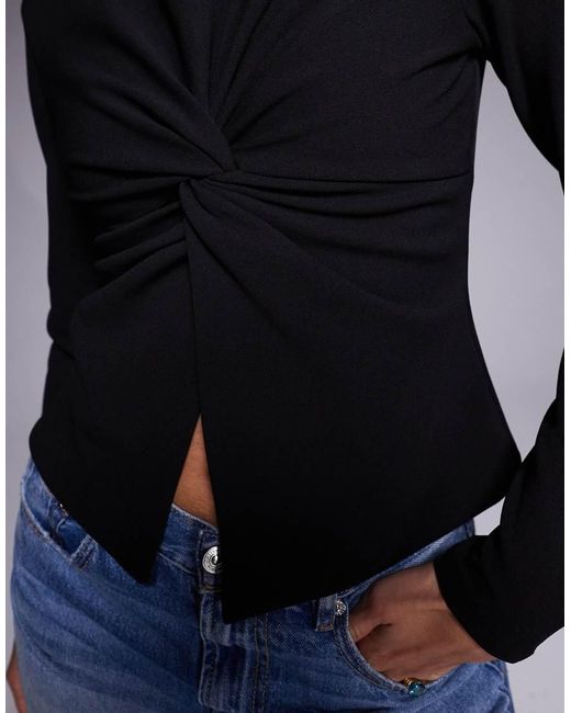 ASOS Blue Crepe Twist Front Long Sleeve Top With Shoulder Pads