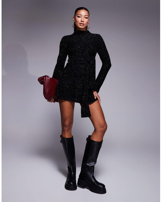 Robe patineuse courte avec liens à la taille - scintillant ASOS en coloris Black