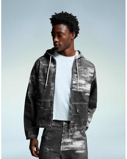 Bershka Gray Printed Denim Jacket for men