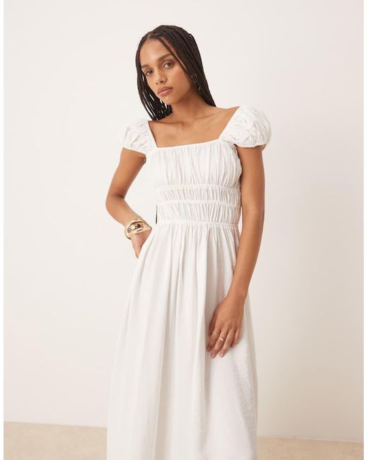 ASOS Natural Square Neck Short Sleeve Midi Dress With Cinched Channel Waist