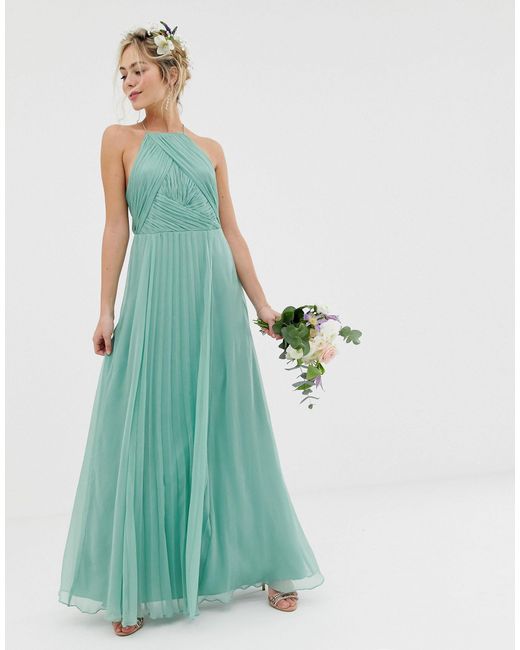 ASOS Denim Bridesmaid Pinny Maxi Dress With Ruched Bodice in Green - Lyst