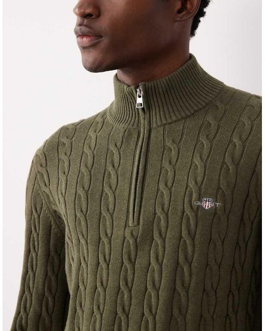 Gant Green Cotton Cable Knit Half-zip Jumper for men