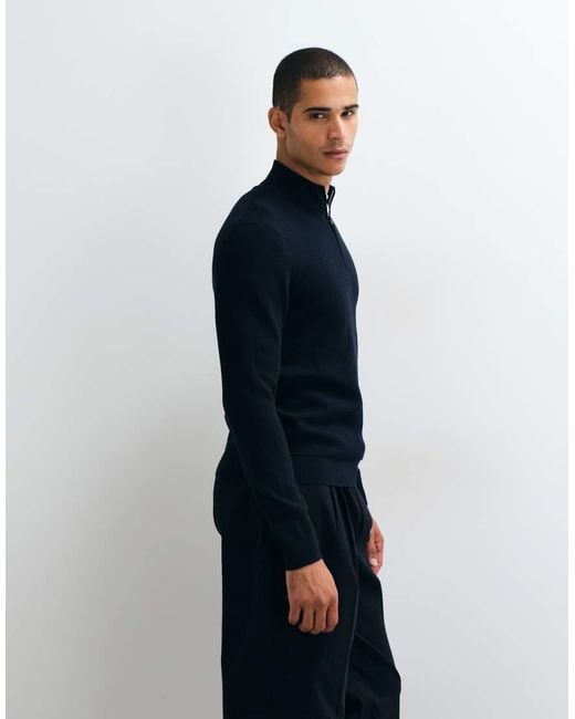 Mango Blue Cotton Rich Knitted Quarter Zip Jumper for men