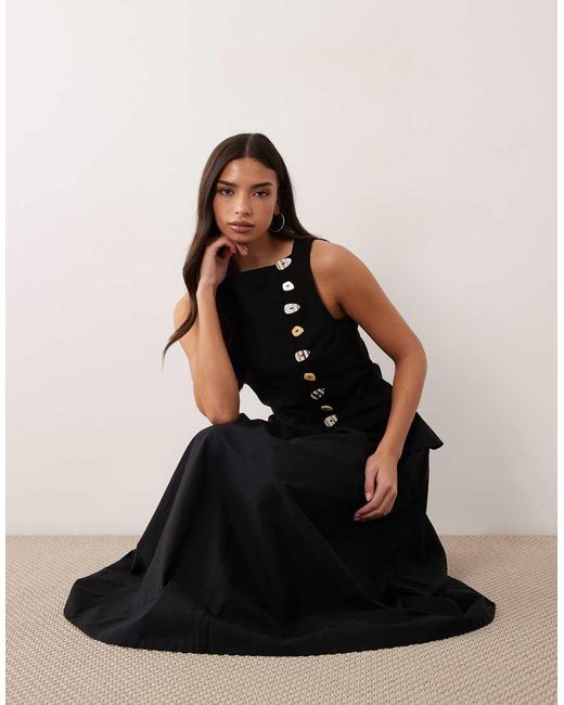 ASOS Black Linen Look Waistcoat Maxi Dress With Poplin Skirt