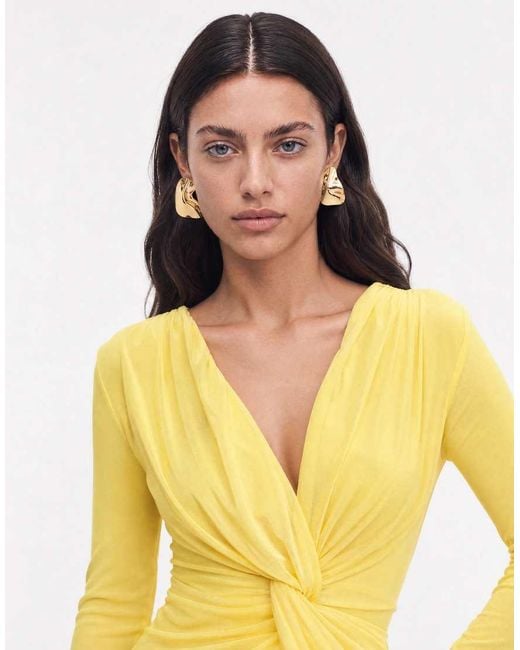 ASOS Yellow Mesh Deep Plunge Long Sleeve Maxi Dress With Twist Knot Detail