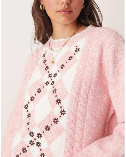 Miss Selfridge Pink Diamond Floral Embroidered Knit Jumper