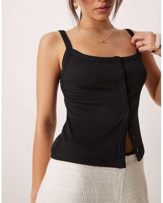 Abercrombie & Fitch Black Thick Straps Ribbed Button Through Tank Top