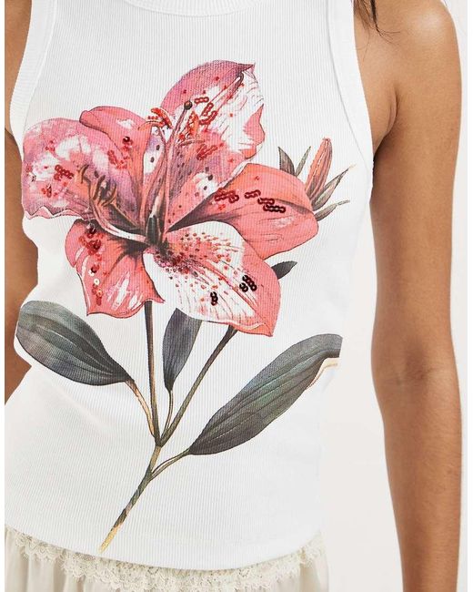 ASOS White Ribbed Vest With Embellished Flower Graphic