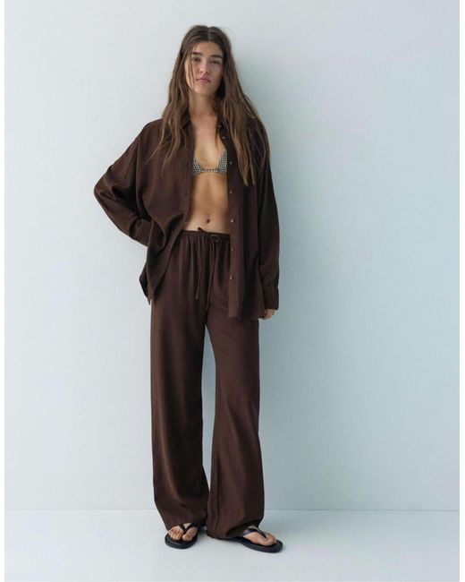 Pull&Bear Brown – langärmliges hemd aus leinenmix