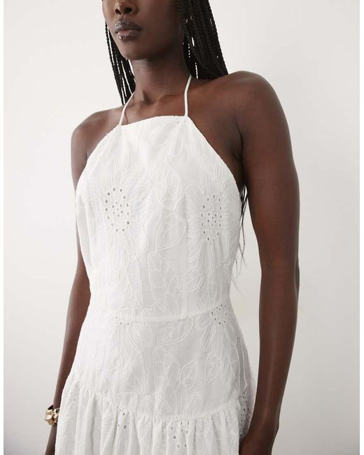 Mango White 100% Cotton Halterneck Embroidered Maxi Dress