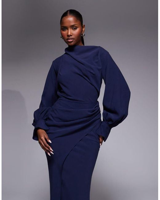 ASOS Blue High Neck Drape Maxi Dress With Drape Skirt