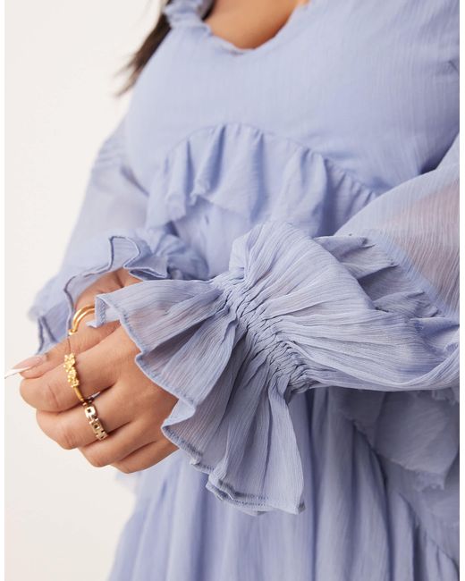 ASOS Blue Asos Design Curve V Front Tiered Ruffle Maxi Dress With Hi Low Hem And Pin Tucks
