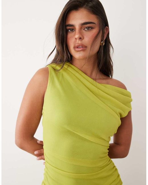TFNC London Green Mesh Asymmetric Off Shoulder Ruched Sheer Hem Maxi Dress