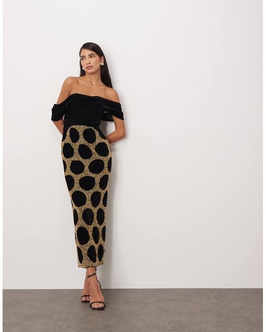 ARRANGE Black Draped Bardot Embellished Spot Midi Dress