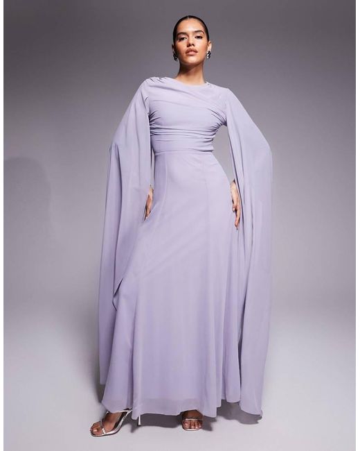 Beauut Purple Chiffon Wrap Front Sleeve Drama Cape Detail Maxi Dress