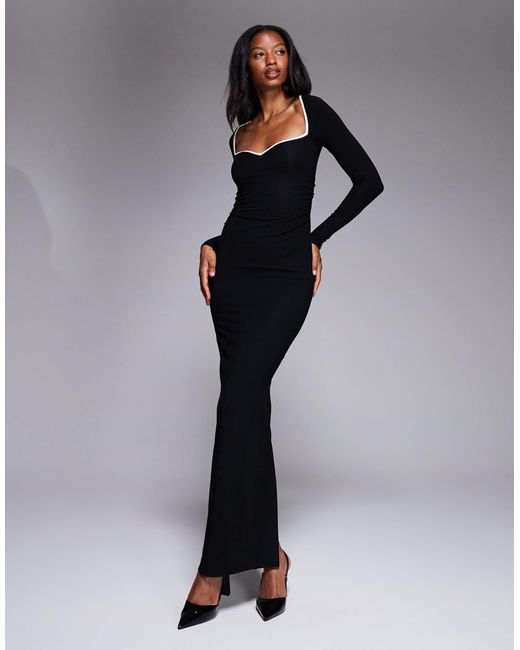Oh Polly Ginette Modal Contrast Trim Maxi Dress in Black